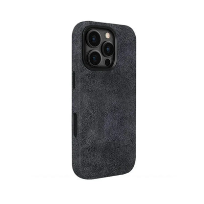 Grey Alcantara iPhone 16 Pro case by Carbon Loom, featuring premium Alcantara material and sleek protective design.
