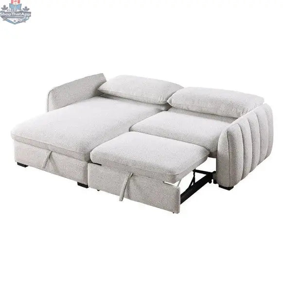 Hygge Design House Amira pullout sleeper sectional with storage chaise, showing the full bed extension and modern living room setup.