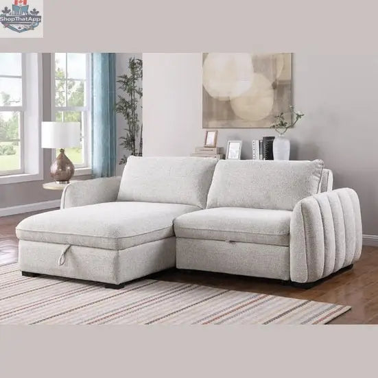 Modern Amira pullout sleeper sectional with storage chaise by Hygge Design House in a stylish living room setting.