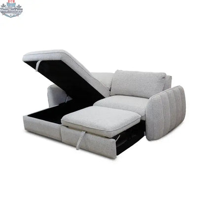 Amira pullout sleeper sectional with storage chaise in a modern living room, showcasing its open sleeping and storage features.