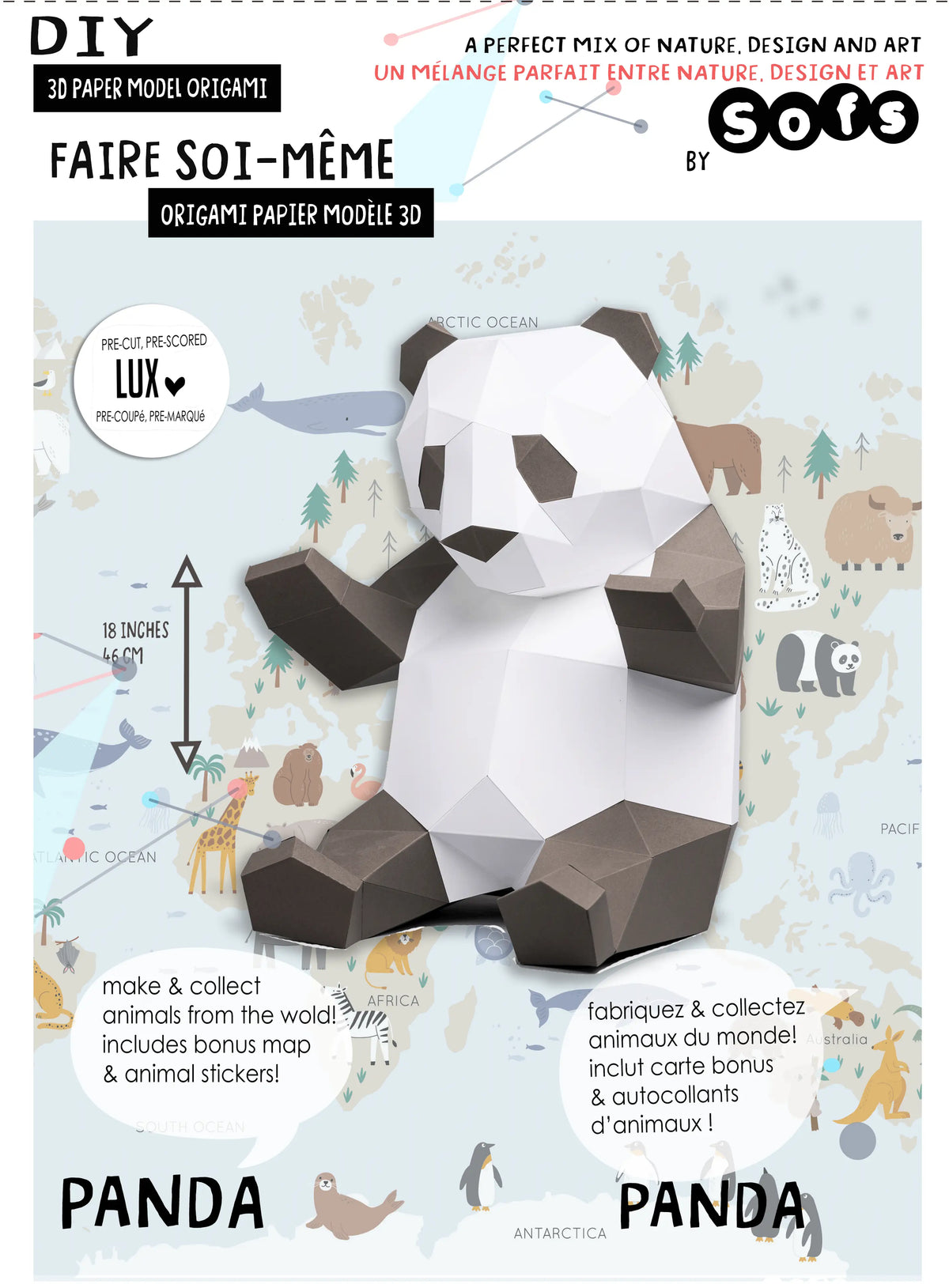 Sofs Lifestyle DIY Panda 3D Origami Paper Model Kit showing a front view of the completed panda origami on packaging.