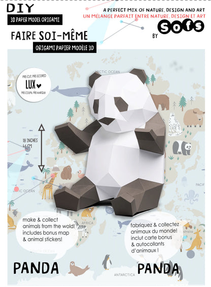 Sofs Lifestyle DIY Panda 3D Origami Paper Model Kit showing a front view of the completed panda origami on packaging.