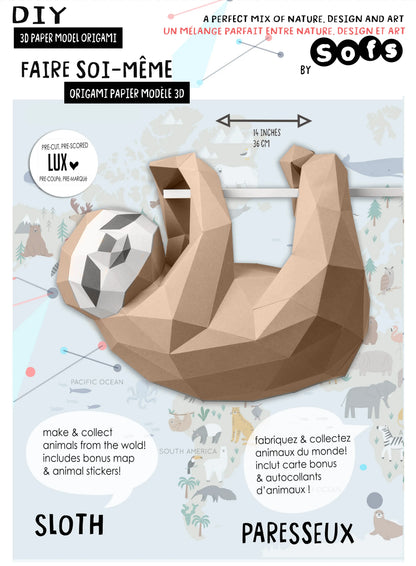 Sofs Lifestyle DIY Sloth 3D origami paper model kit with colorful paper sheets and instructions, featuring a front view of the package.