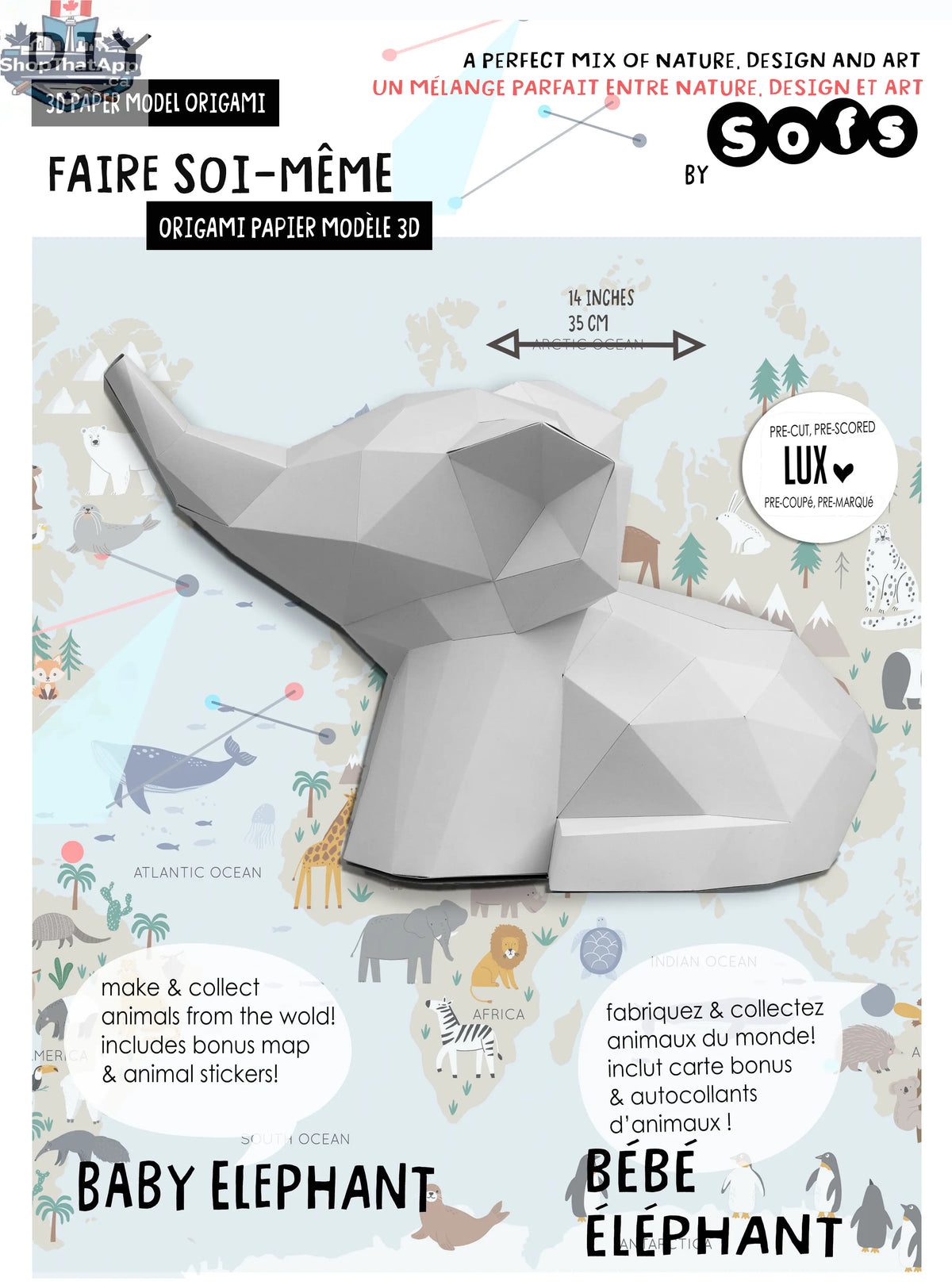 DIY baby elephant origami kit by Sofs Lifestyle featuring colorful 3D paper model craft for kids, front package view.