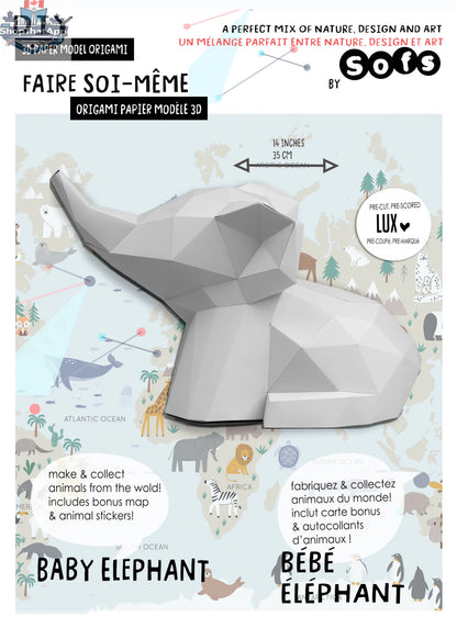 DIY baby elephant origami kit by Sofs Lifestyle featuring colorful 3D paper model craft for kids, front package view.