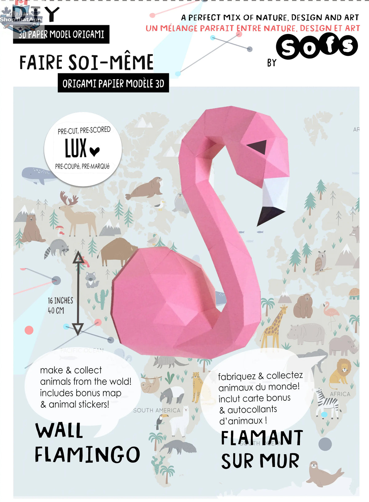 DIY Flamingo 3D origami kit by Sofs Lifestyle, featuring colorful flamingo paper models on the front package.