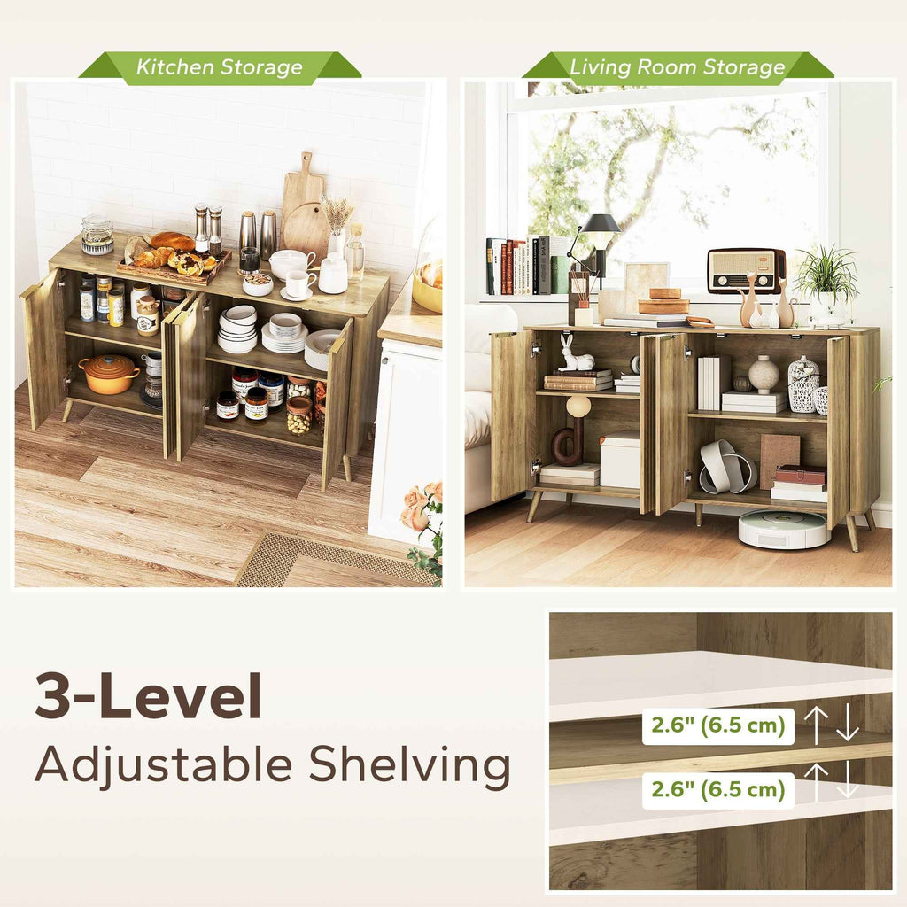 Rory 55" Modern Buffet Sideboard with 4 Fluted Doors and 2 Adjustable Shelves-Oak