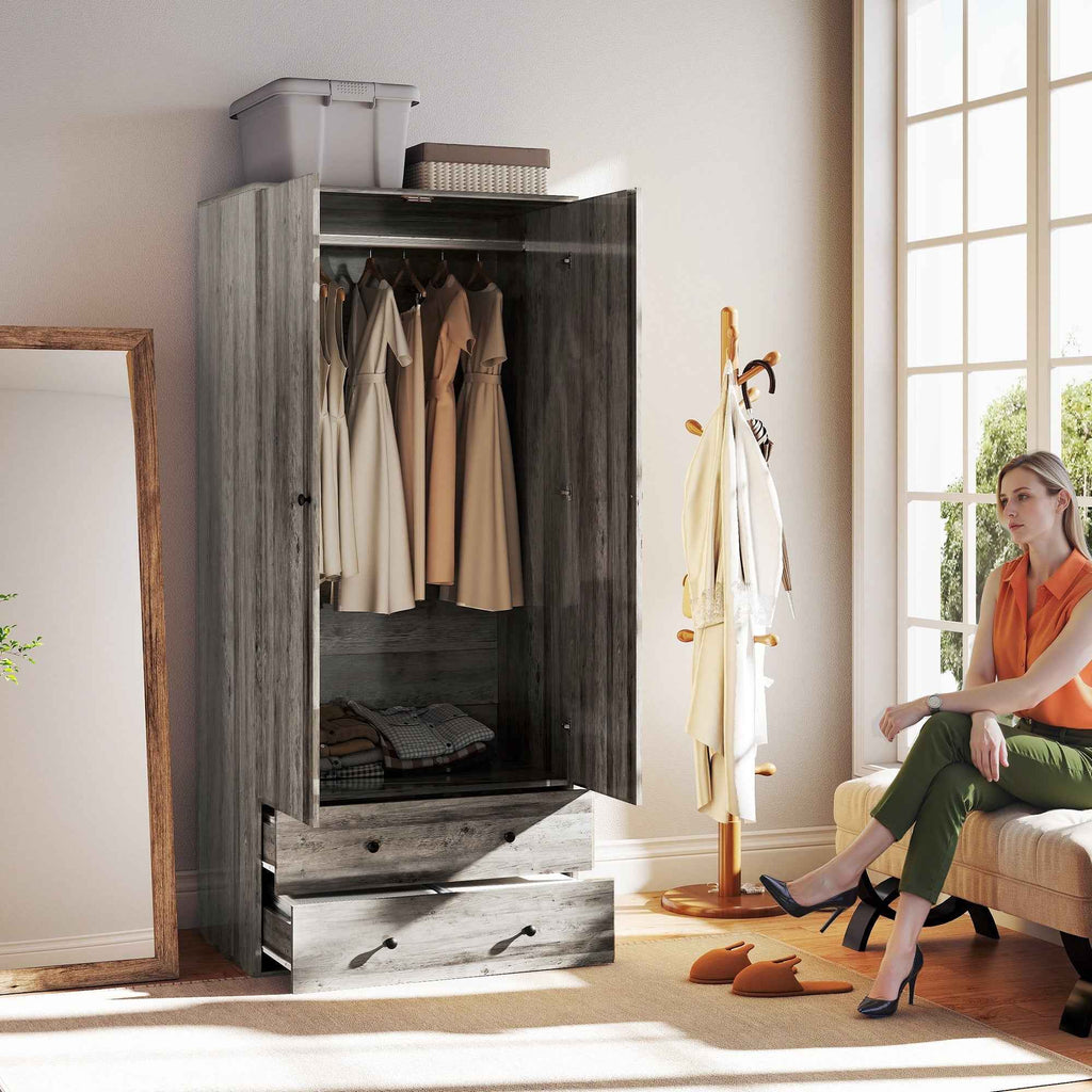 Briar Wardrobe Closet-Armoire with 2 Drawers and Hanging Rod-Grey