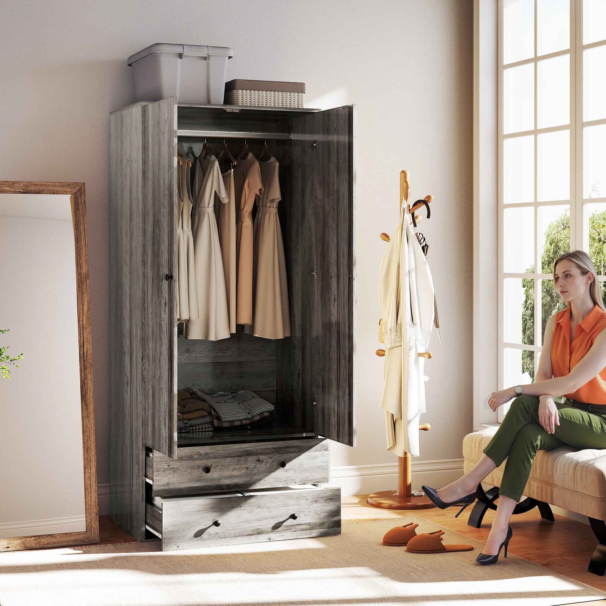 Briar Wardrobe Closet-Armoire with 2 Drawers and Hanging Rod-Grey