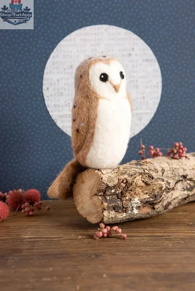 Hawthorn Handmade Barn Owl Needle Felting Kit by Art Noise, featuring colorful wool felting supplies and tools for creating a barn owl.