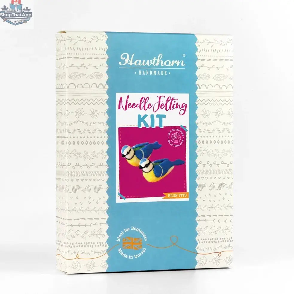 Hawthorn Handmade Blue Tits Needle Felting Kit by Art Noise, featuring colorful wool fibers and tools for creating bird needle felts.