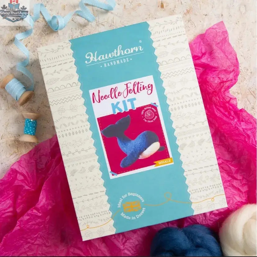 Hawthorn Handmade Whale Needle Felting Kit by Art Noise, featuring colorful wool and tools for creating a felted whale sculpture.