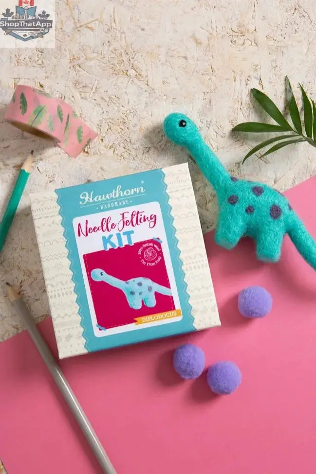 Hawthorn Diplodocus felted dinosaur miniature kit by Art Noise, handmade needlecraft kit for creating cute Diplodocus figure.