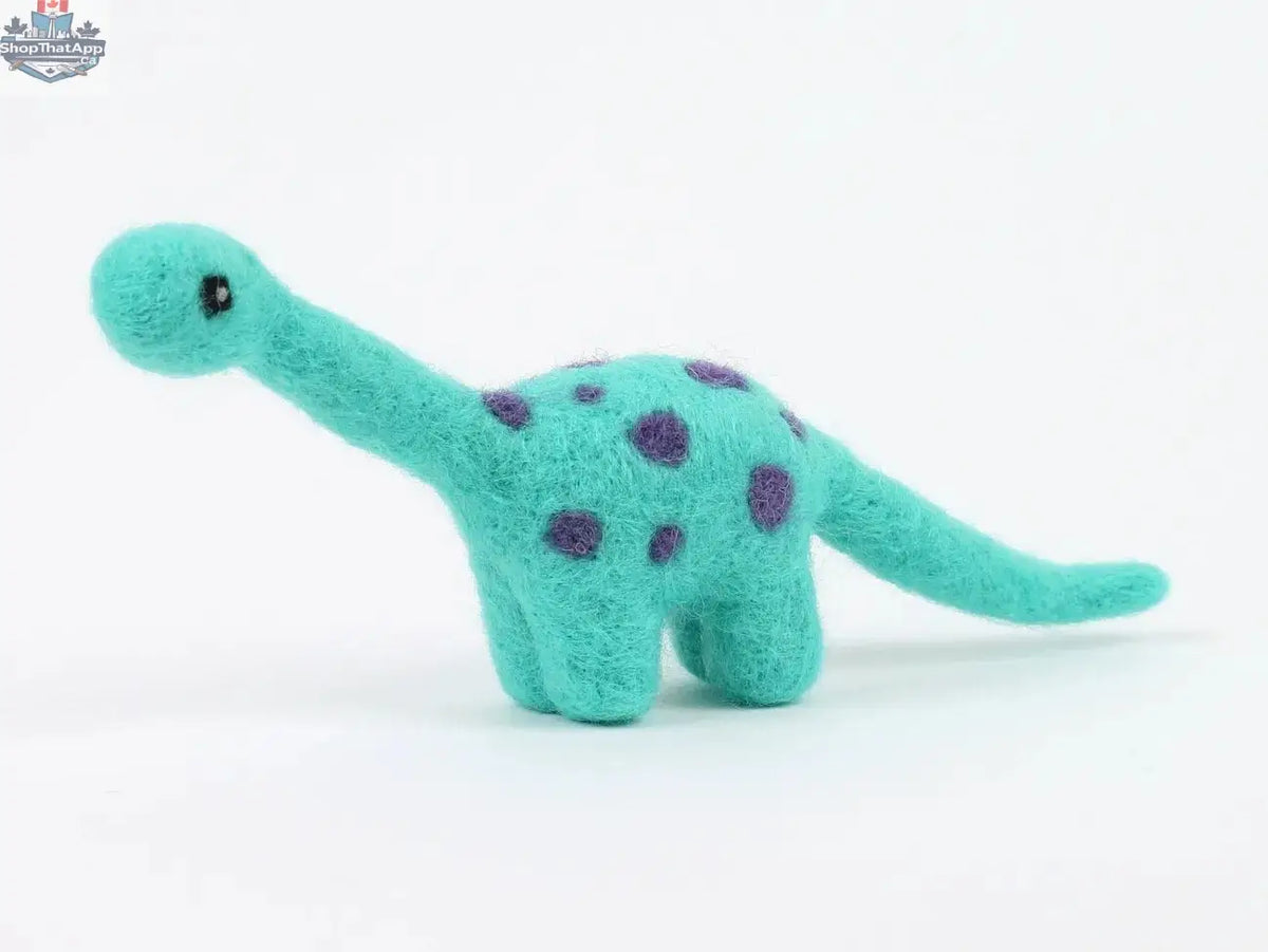 Hawthorn Diplodocus needlecraft kit by Art Noise featuring a handmade mini felted Diplodocus dinosaur for felting craft projects.