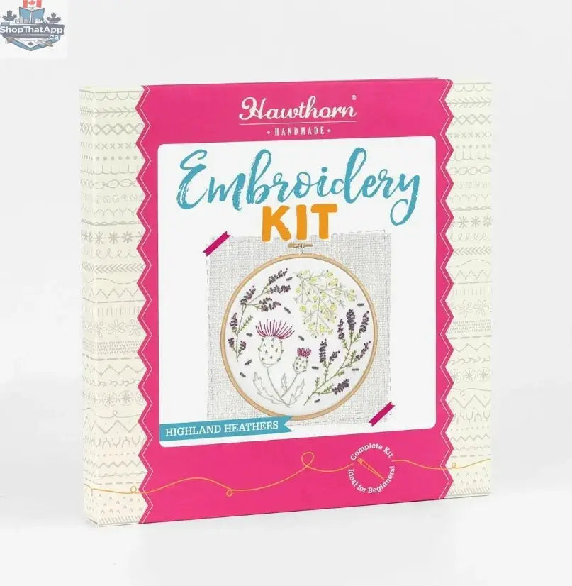 Hawthorn Handmade Highland Heathers embroidery kit by Art Noise featuring colorful heather flower needlecraft design.