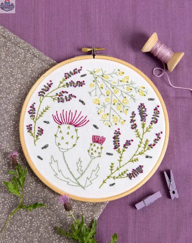 Hawthorn Handmade Highland Heathers embroidery kit by Art Noise featuring colorful needlecraft supplies and fabric for embroidery.