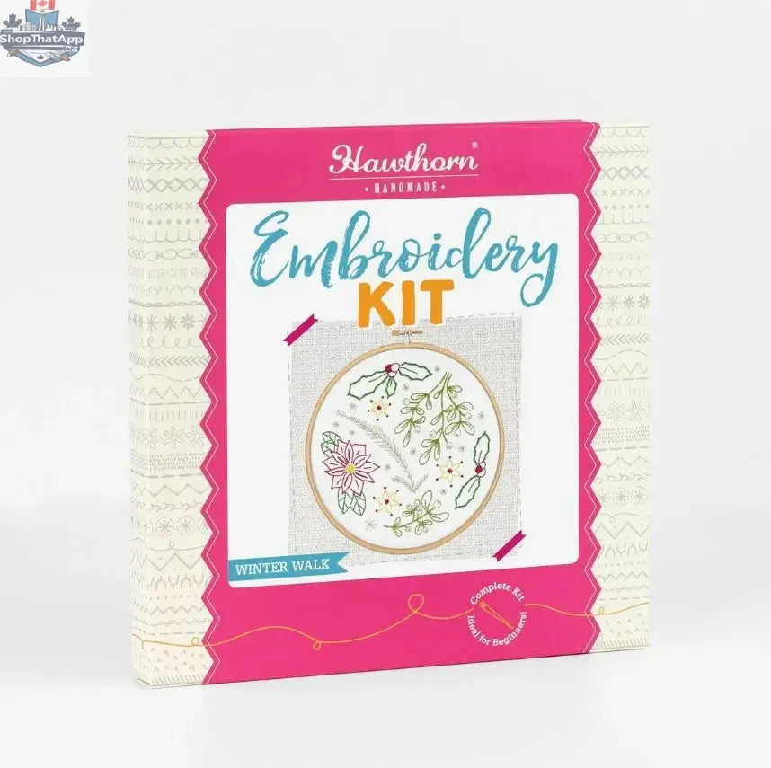 Hawthorn Handmade Winter Walk embroidery kit by Art Noise featuring colorful needlecraft materials and fabric for winter-themed embroidery.