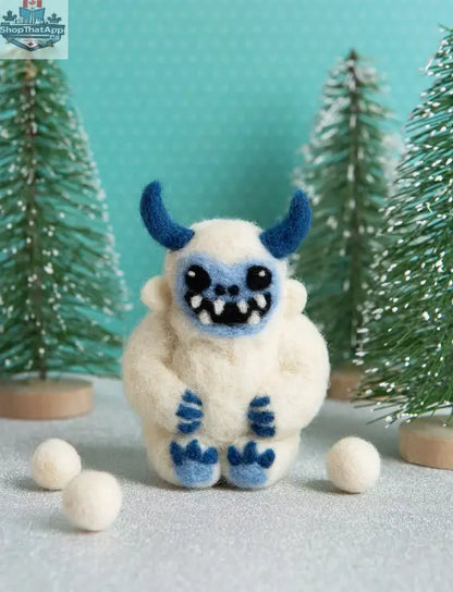 Hawthorn Handmade Yeti Mini Needle Felting Kit from Art Noise, showing colorful wool felting materials and miniature Yeti figure.