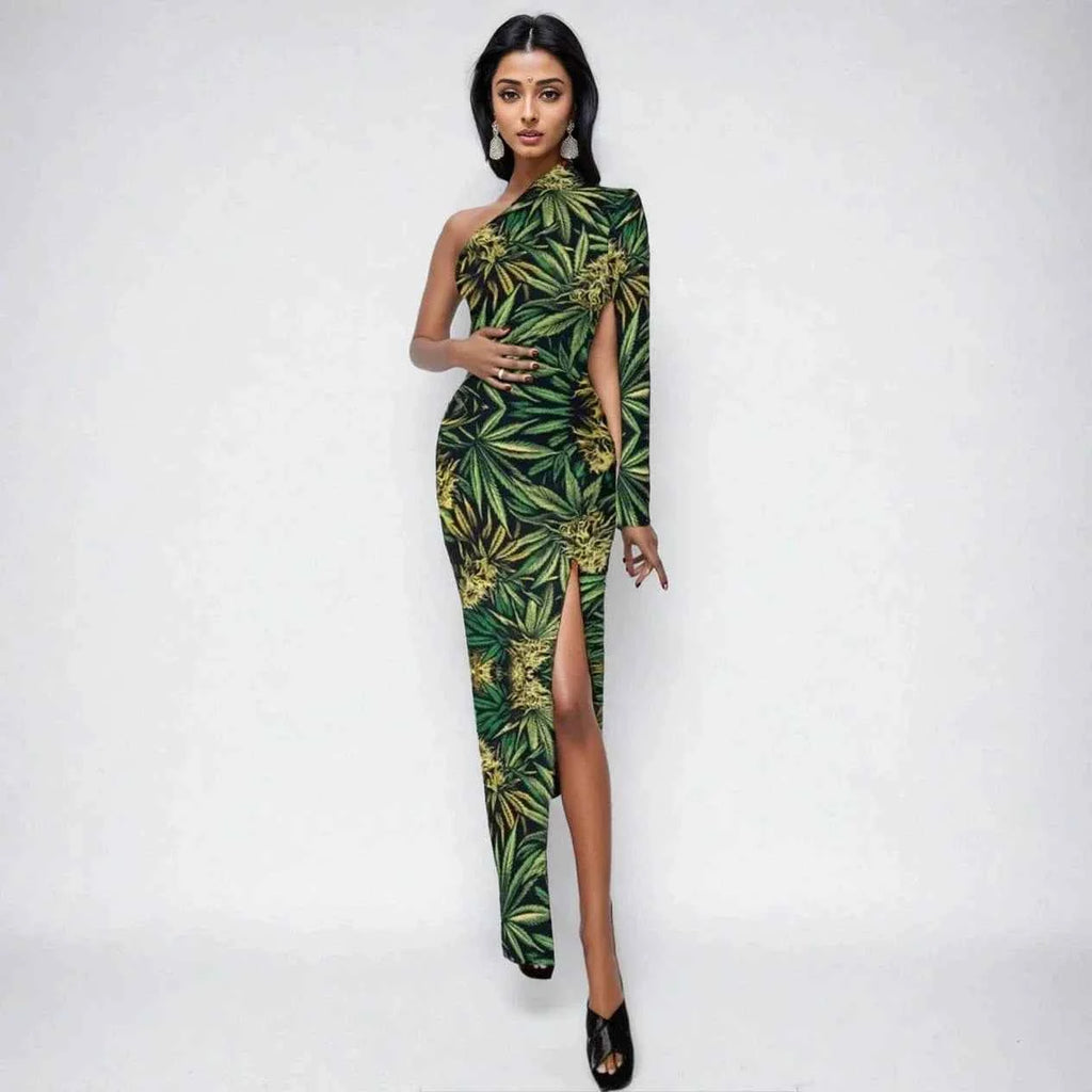 Big Buds One-Shoulder Slit Maxi Dress