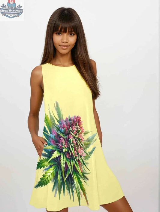Pink Kush sleeveless A-line pocket dress by JANE DOPE, featuring a fitted waist and side pockets, in soft pink fabric.