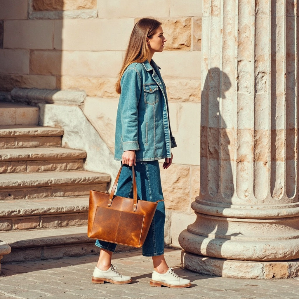 Classic Cognac Leather Tote Bag - Www.Shopthatapp.ca