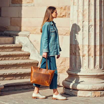 NAB Leather classic cognac leather tote bag with sturdy handles and spacious interior, perfect for everyday use.