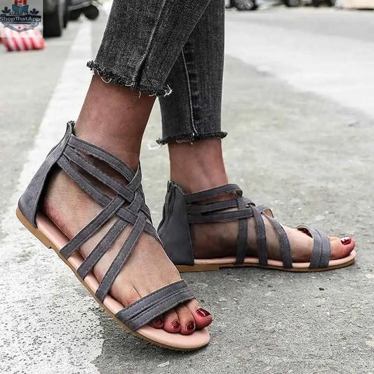 Women's Shoes Flat Bottomed Large Size Women's Sandals Fashion Hollow Rear Zipper Sandals - Shopthatapp.ca