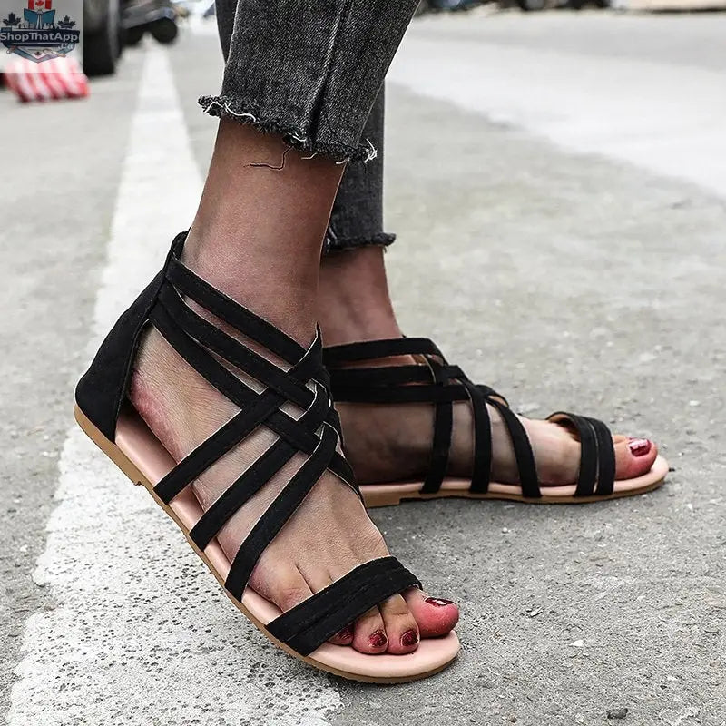 Women's Shoes Flat Bottomed Large Size Women's Sandals Fashion Hollow Rear Zipper Sandals - Shopthatapp.ca