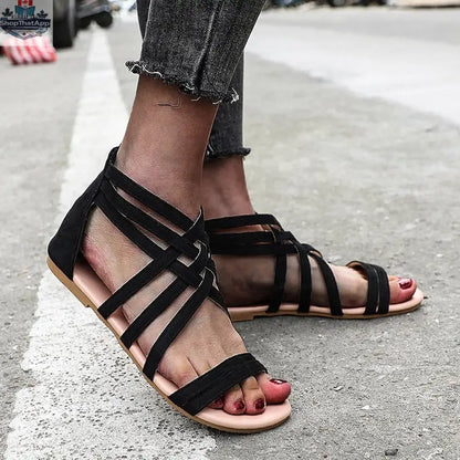Women's Shoes Flat Bottomed Large Size Women's Sandals Fashion Hollow Rear Zipper Sandals - Shopthatapp.ca