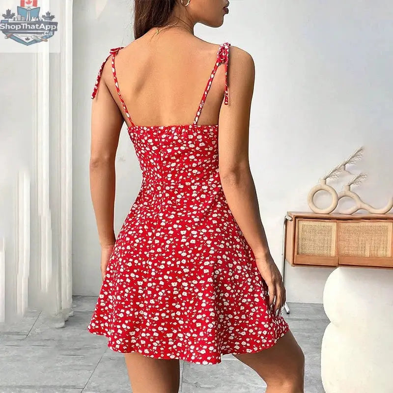 Floral Print Dress Summer Sweet A- Line Waist Trimming Dresses Women's Slimming Casual Clothing - Shopthatapp.ca