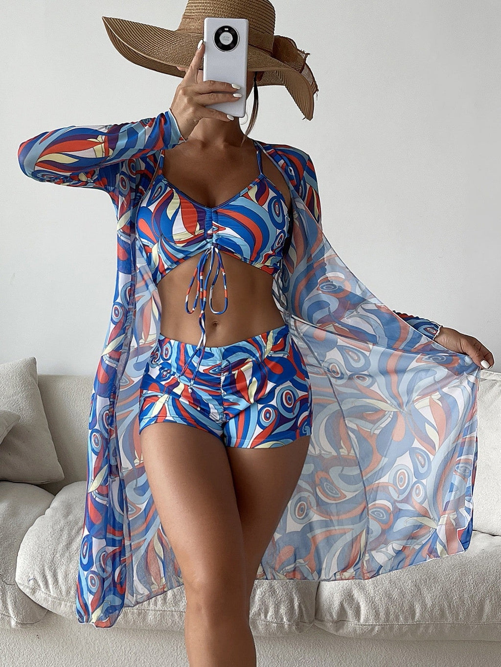 3pcs Print Bikini with Long Sleeve Cardigan for Women - Stylish Summer Beach Swimsuit Set - Shopthatapp.ca