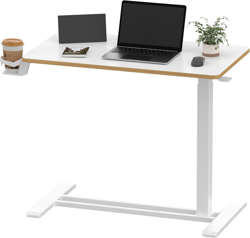 SANODESK Mobile Standing Desk with Hidden WheelsPneumatic Laptop Desk Rolling Computer Cart Movable Height Adjustable Small Sit Stand Desk for Home Office(31.5" W x 17.7" D White+Maple Band)