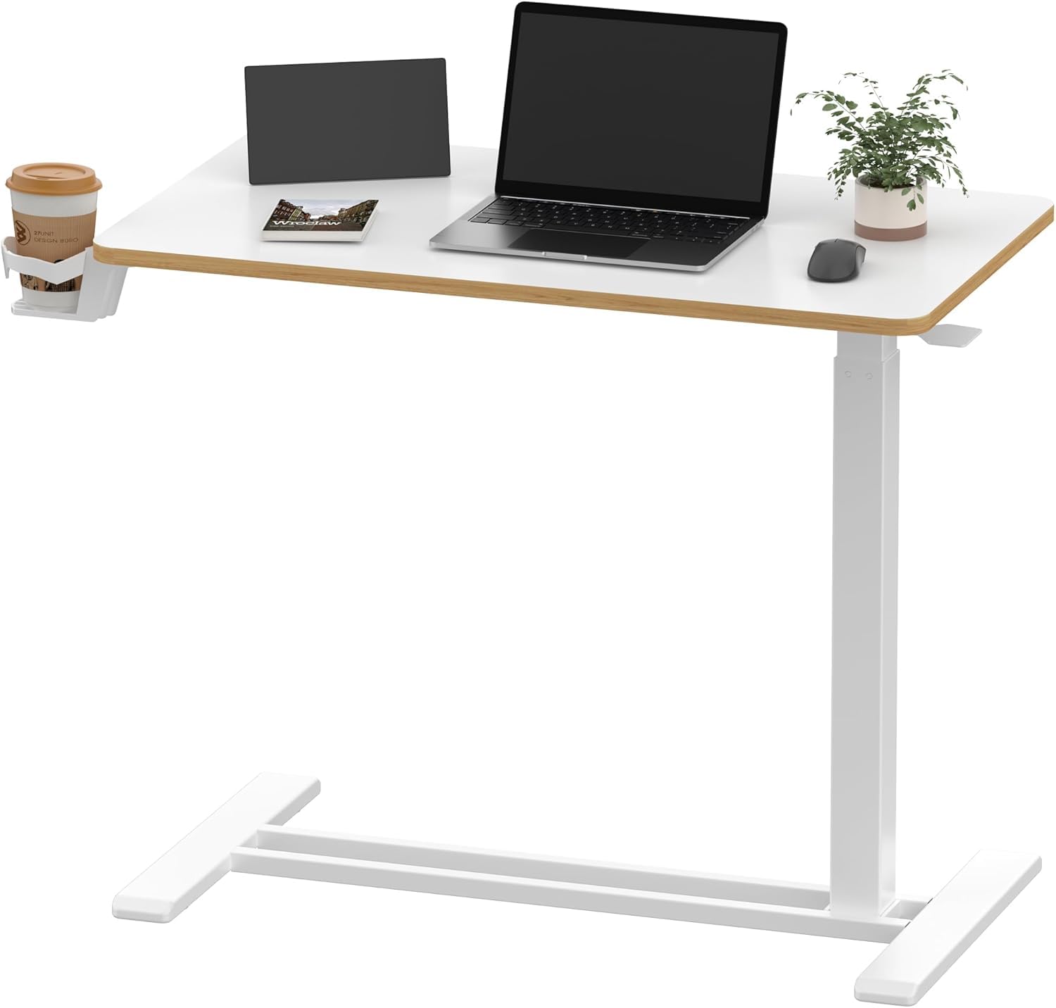 SANODESK Mobile Standing Desk with Hidden WheelsPneumatic Laptop Desk Rolling Computer Cart Movable Height Adjustable Small Sit Stand Desk for Home Office(31.5" W x 17.7" D White+Maple Band)