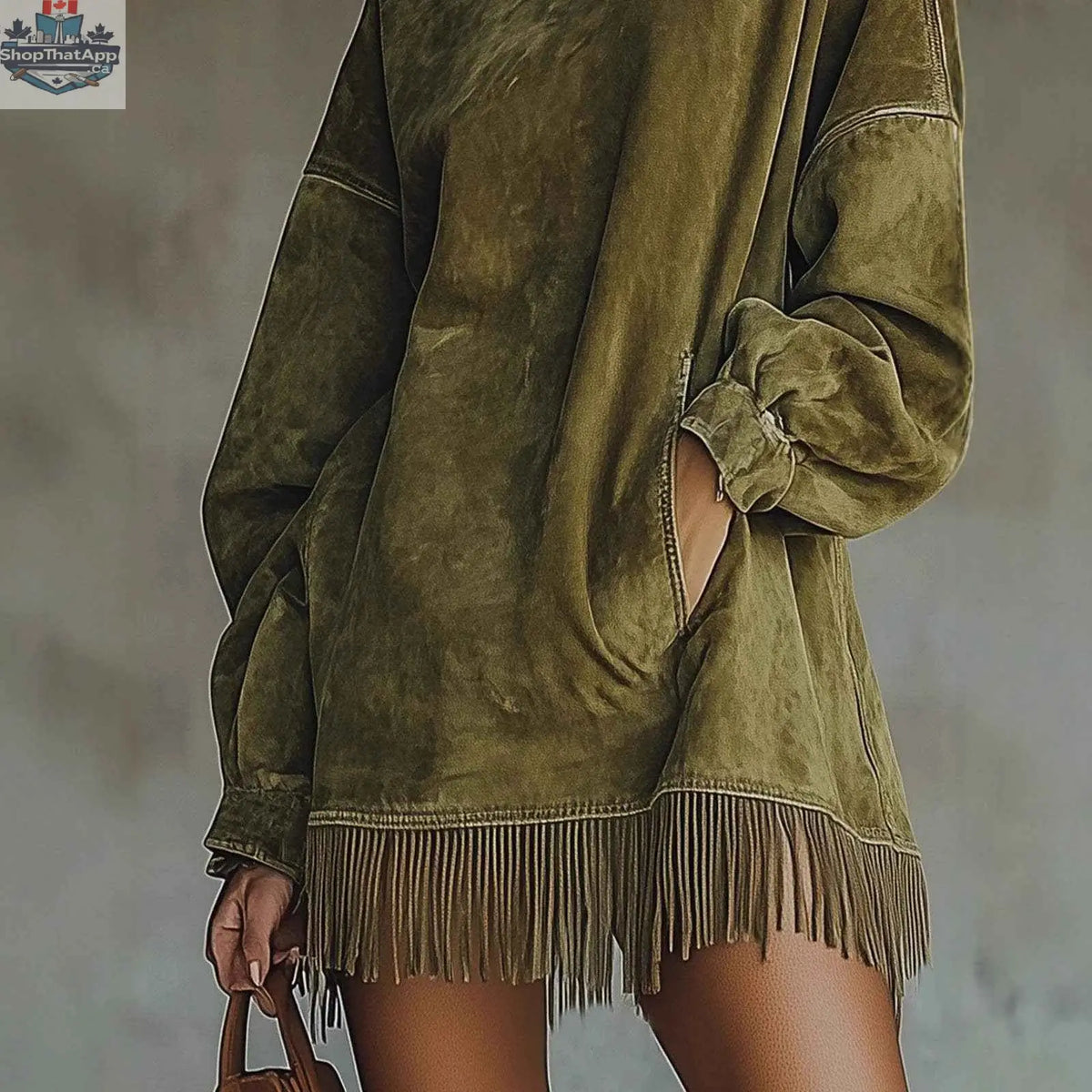 Women's Loose Tassel Suede Dress - Long Sleeve Pocket Dress - Shopthatapp.ca