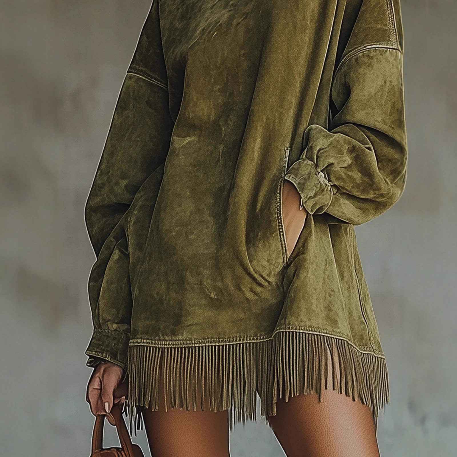 Women's Loose Tassel Suede Dress - Long Sleeve Pocket Dress
