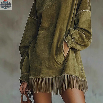 Women's Loose Tassel Suede Dress - Long Sleeve Pocket Dress - Shopthatapp.ca