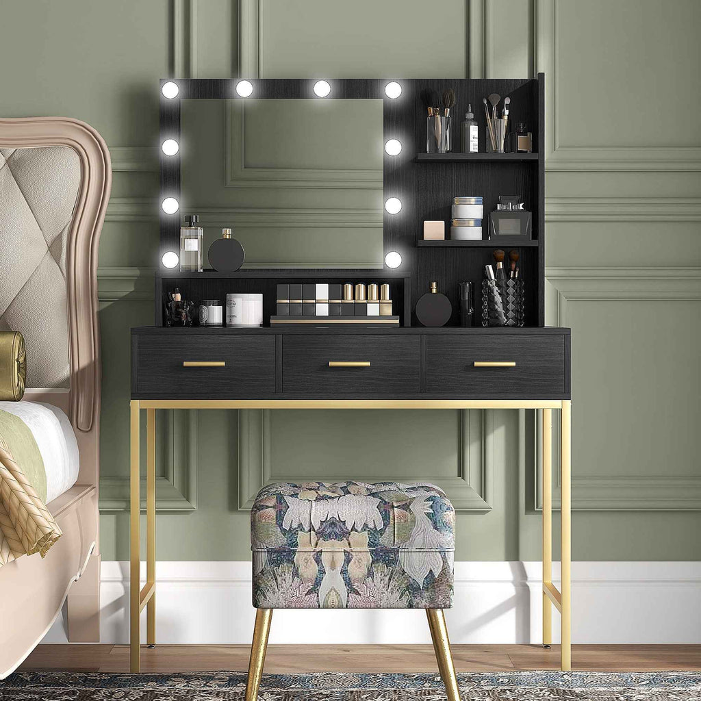 Sophia Illuminated Makeup Table with LED Lights and 3 Drawers-Black