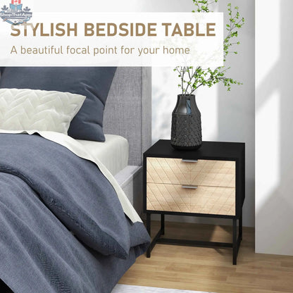 Emery bedside table by SLOTH Nation with black and oak finish, two drawers, steel legs, modern bedroom furniture.