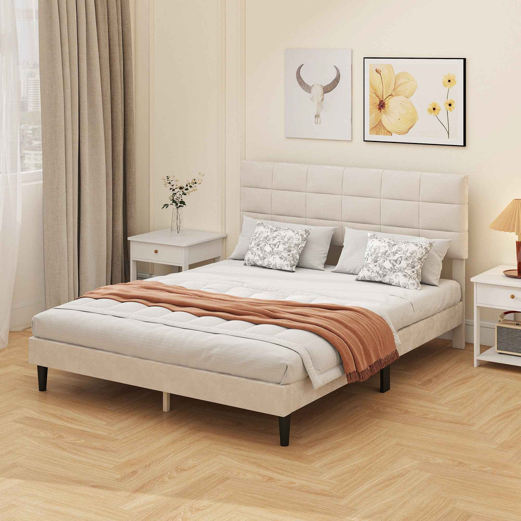 Harper Queen Size Bed Frame with Upholstered Headboard-Cream White