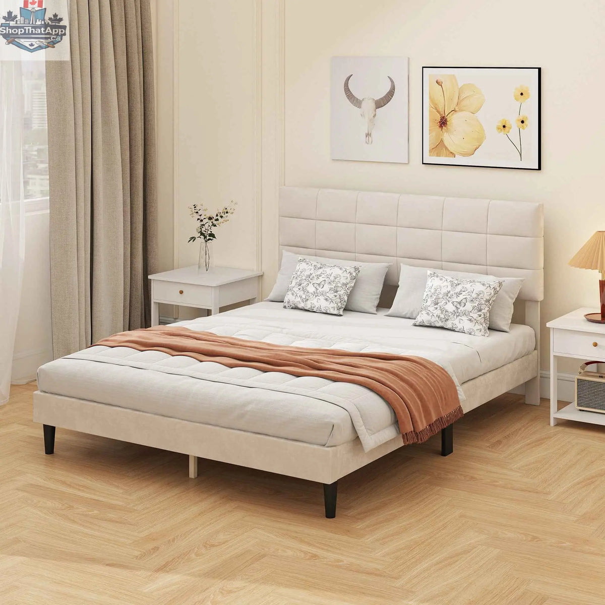 Cream white Harper queen size bed frame with upholstered headboard by SLOTH Nation, showcasing a modern bedroom furniture design.