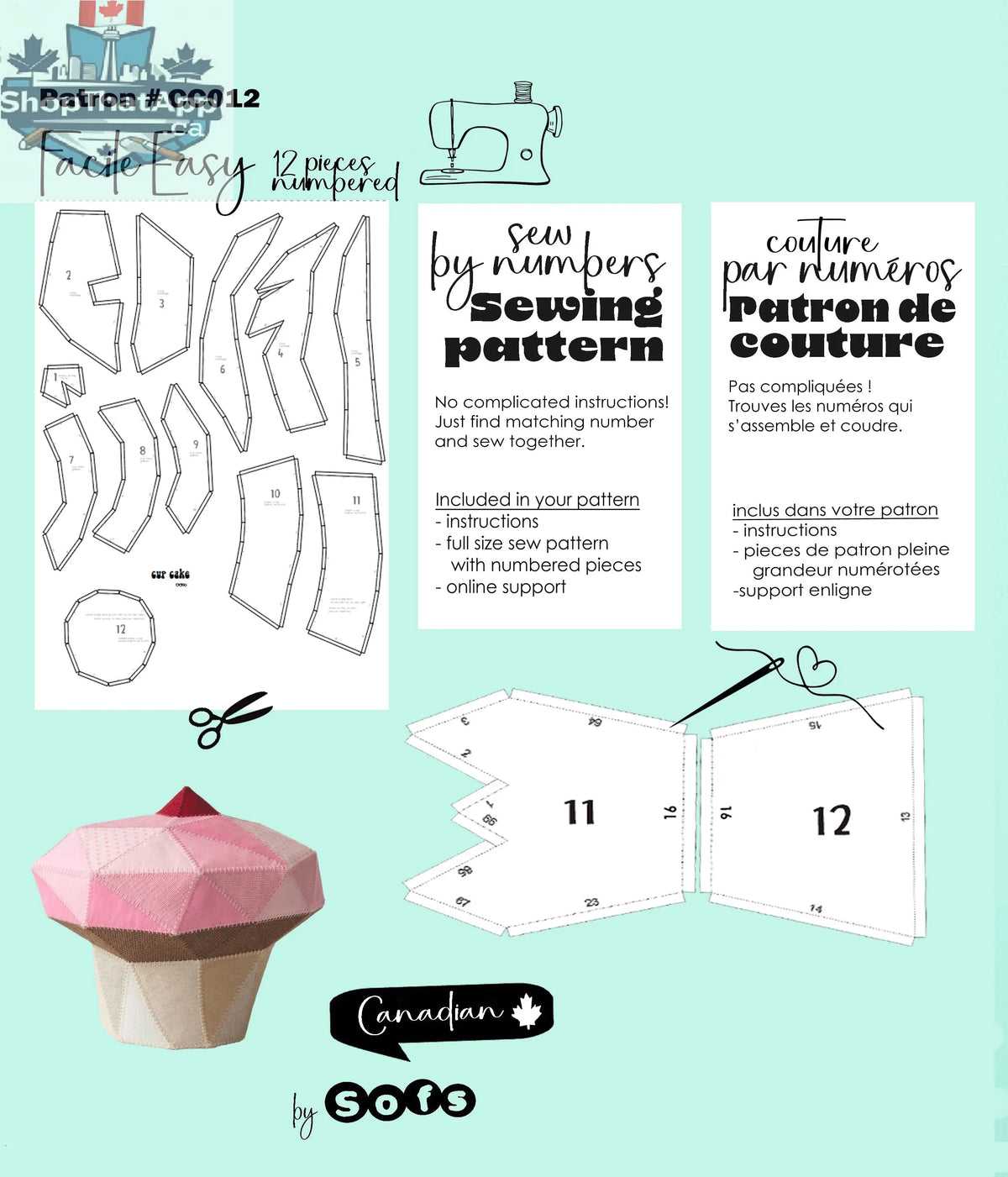 Sewing pattern for a plush cupcake by Sofs Lifestyle, showing the back view of the Sew by Numbers design.