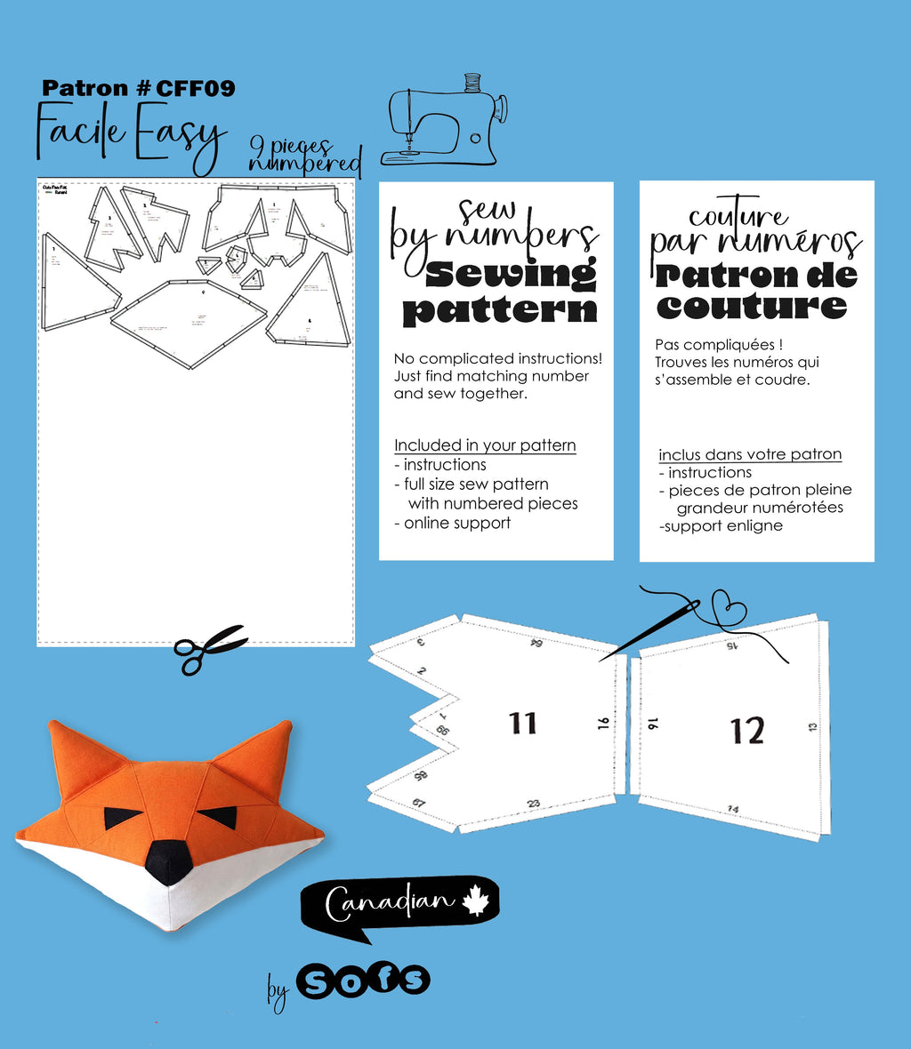 Sewing Patterns Cute Face Fox– Sew by Numbers Plush Pattern - Made in Canada - Www.Shopthatapp.ca