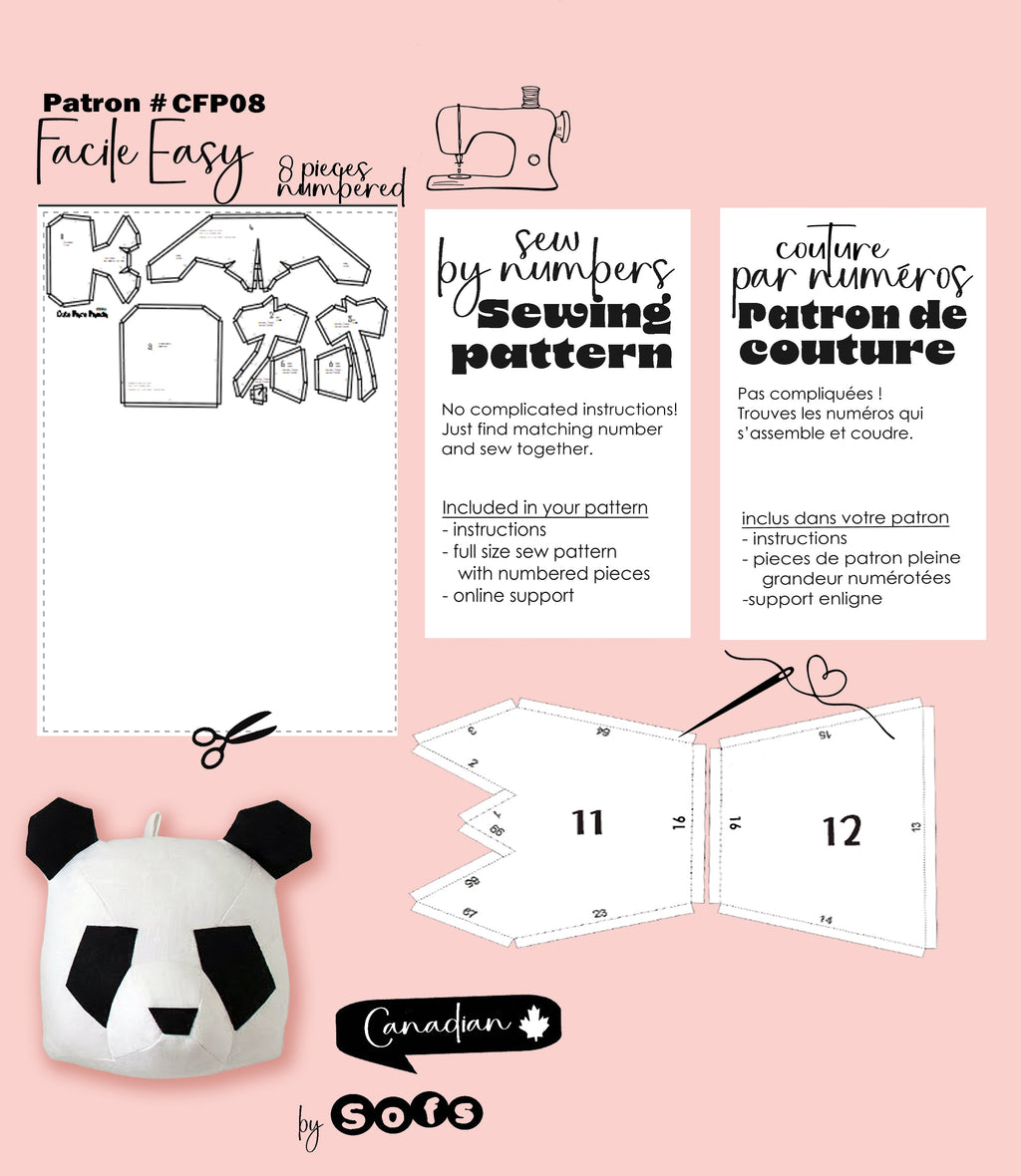 Sewing Patterns Cute Face Panda– Sew by Numbers Plush Pattern - Made in Canada - Www.Shopthatapp.ca
