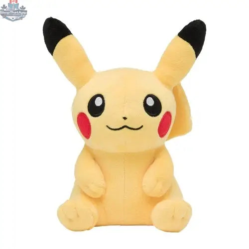 Soft Pikachu plush toy from Pokémon Center Japan, cute and cuddly collectible by Banana Games & Hobby, sitting with a cheerful expression.
