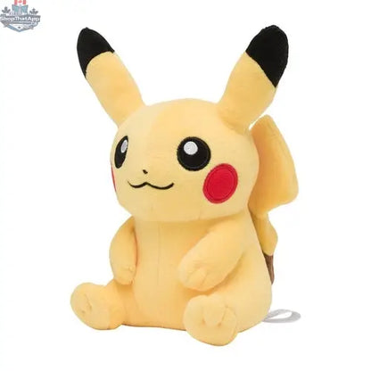 Cute Pikachu plush toy from Pokémon Center Japan by Banana Games & Hobby, sitting and cuddly in a playful pose.