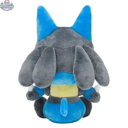 Soft and cuddly Lucario Pokémon plush toy from Banana Games & Hobby, featuring detailed embroidery and vibrant blue and black fur.
