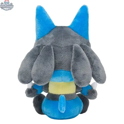 Soft and cuddly Lucario Pokémon plush toy from Banana Games & Hobby, featuring detailed embroidery and vibrant blue and black fur.