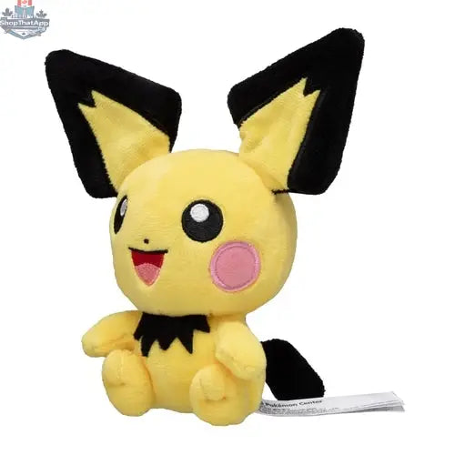 Adorable Pichu plush toy from Pokémon Fit collection by Banana Games & Hobby, featuring soft fabric and detailed character design.