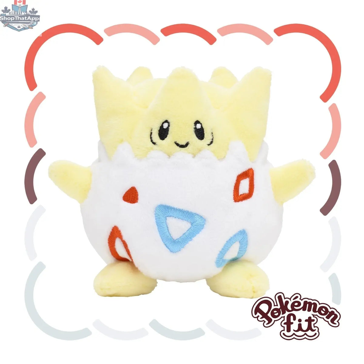 Togepi plush toy from Banana Games & Hobby, soft Pokémon fit collectible featuring Togepi's cute, iconic design on a plush surface.