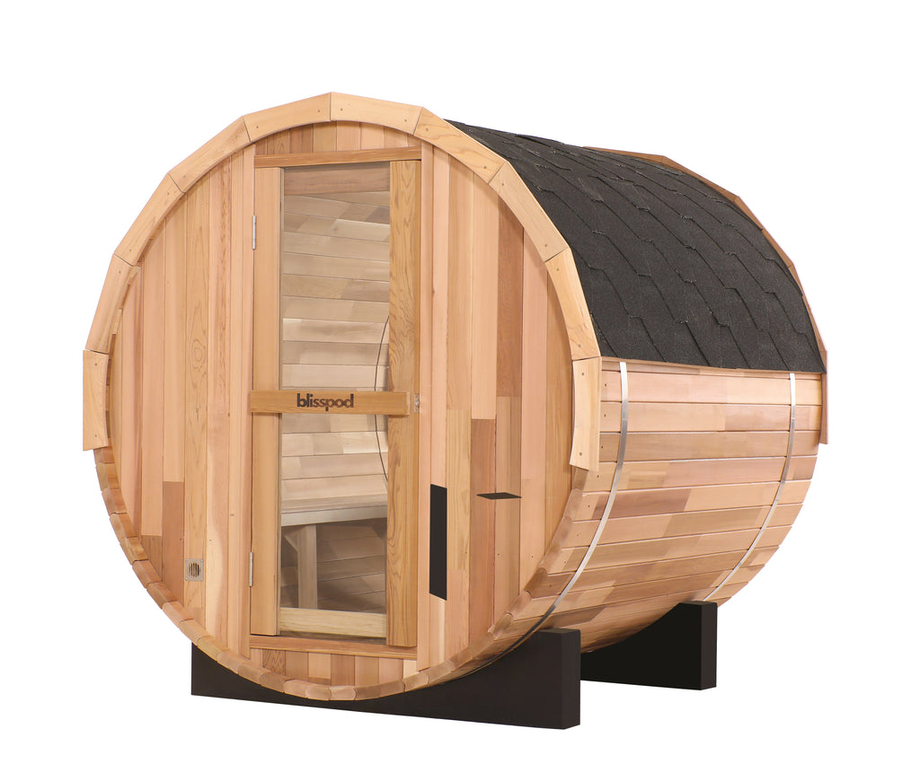 Blisspod | Prague | Canadian Red Cedar Outdoor Steam Barell Sauna | Full Glass Back | 70.87"H x 70.87"W x 70.87"D | 4-6 person - Www.Shopthatapp.ca